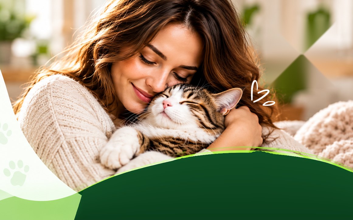 Woman hugging a happy tabby cat